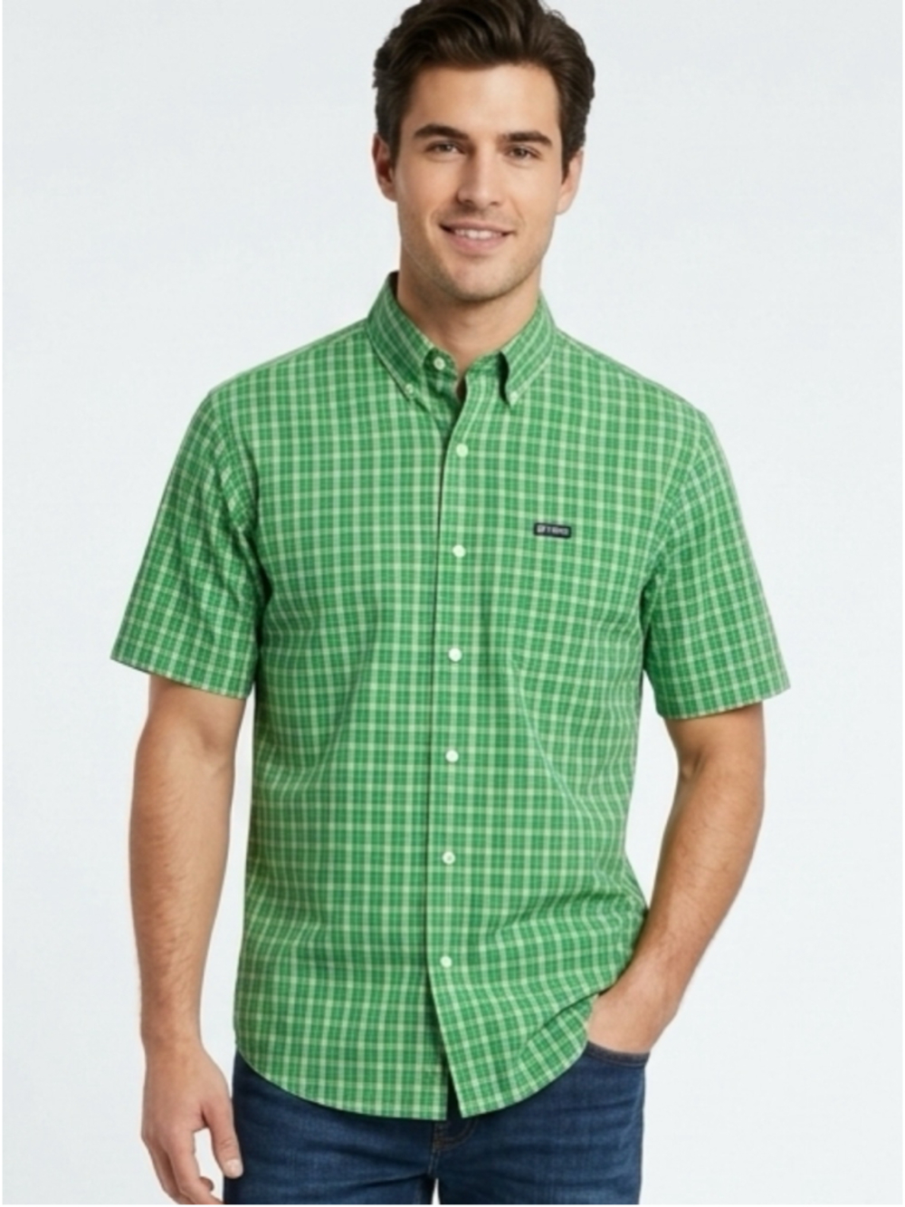 Chaps Men's Green Plaid Short Sleeve Button Down Shirt - Size Large L/G - 371